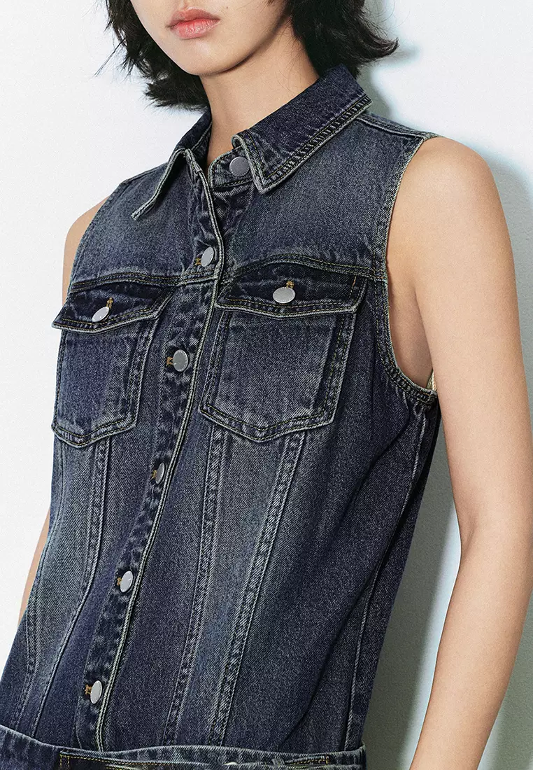 Urban Revivo Sleeveless Lapel Denim Straight Dress 2025