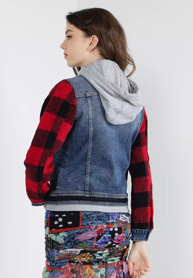 Jean jacket with plaid hot sale sleeves