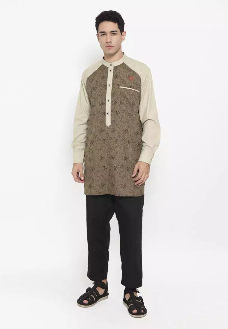 Zayidan Baju Koko Gamis Muslim Pria Fudail Pjg - Cream Motif