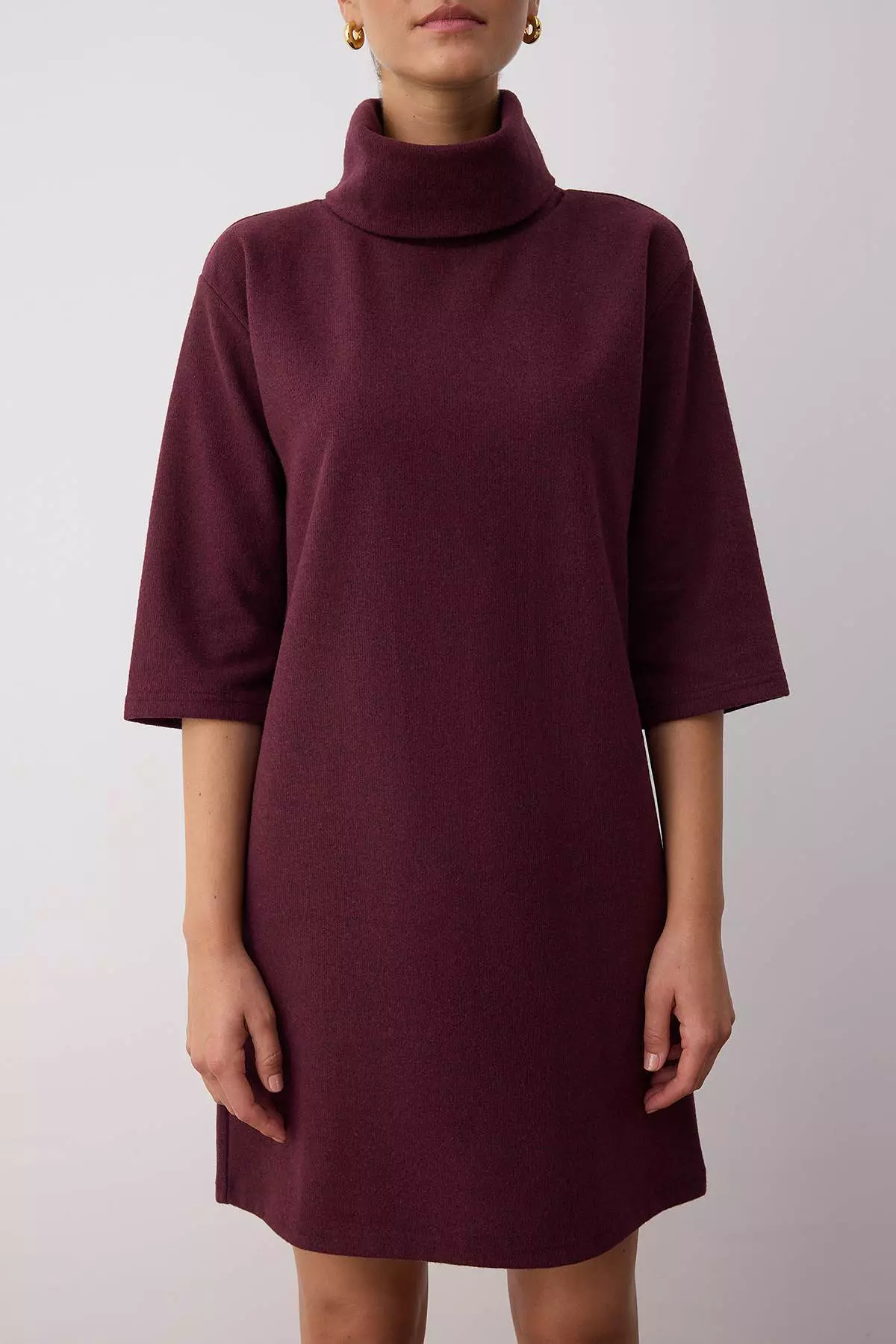 Plum Turtleneck Shift/Plain Mini Selanik Long Sleeve Knitted Dress