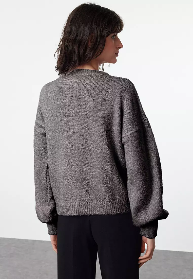 Anthracite Button Detailed Soft Texture Knitted Cardigan