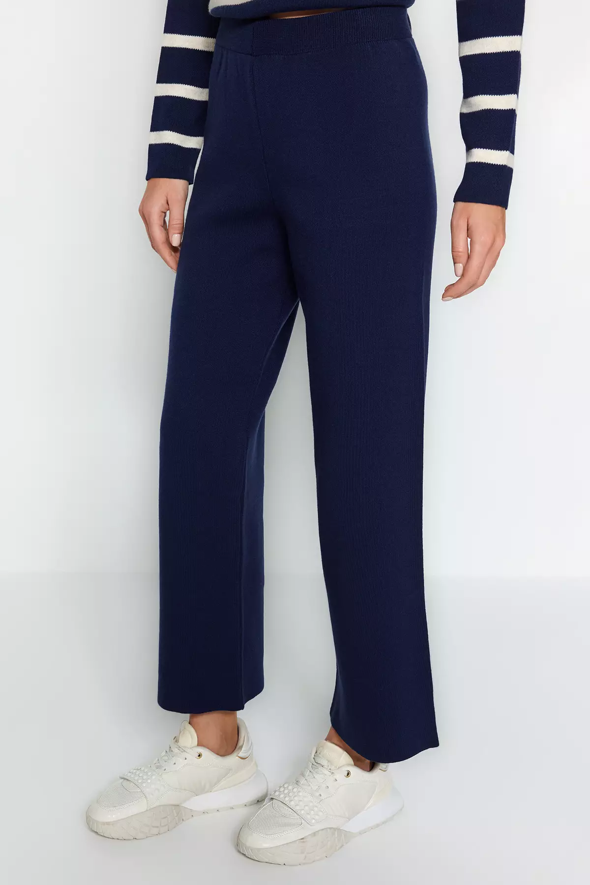 Navy Blue Striped Knitwear Trousers Bottom-Top Set TWOAW24AU00045