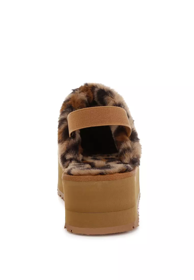 Leopard Print Faux Fur Platform Classic Slingback in Tan