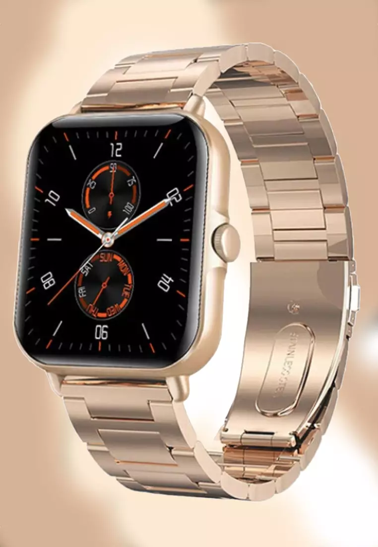 Unisex IOS/Android IP Gold Color SmartWatch with IP Gold Steel Bracelet + Free Black Rubber Strap