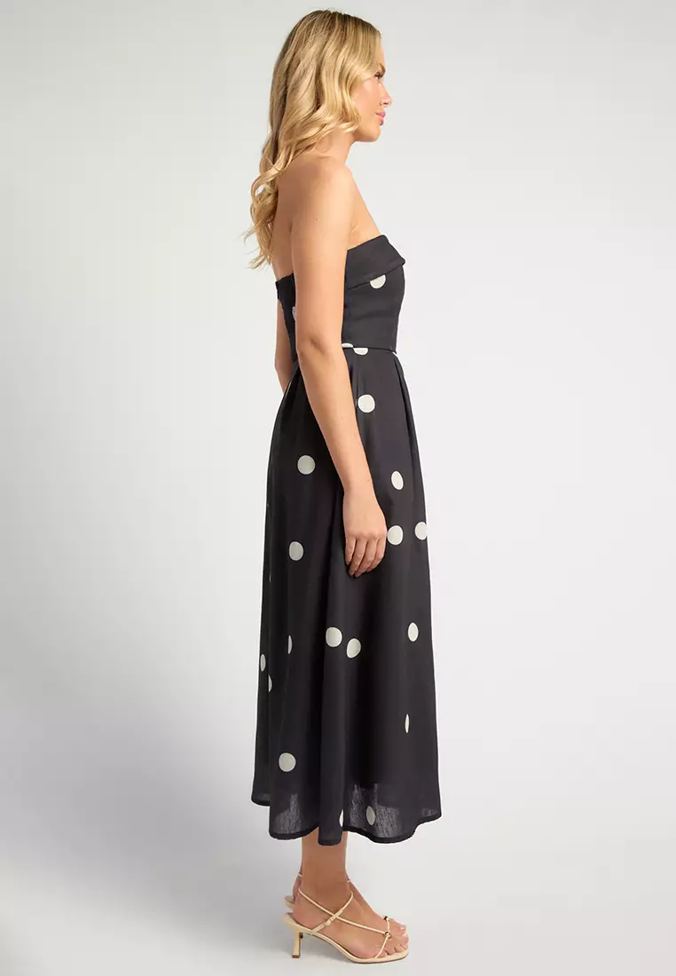 Polkadot Folded Neckline Midi Dress With Pockets