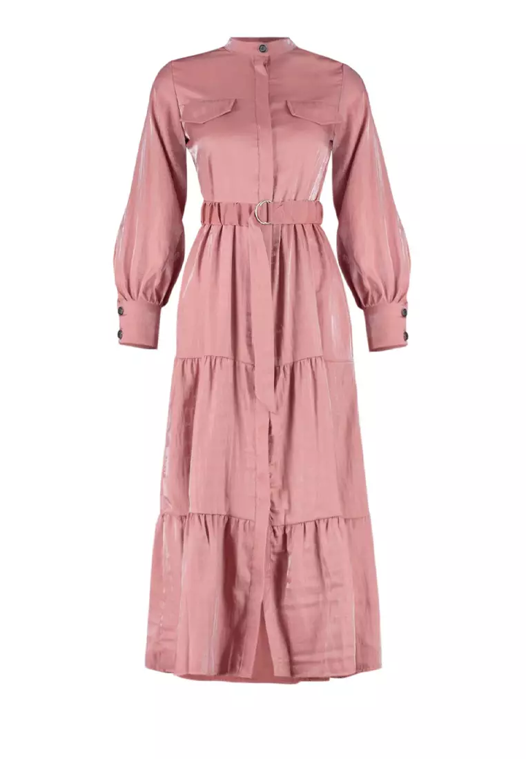 Pale Pink Shiny Satin Belt Detailed Skirt Frilly Woven Dress TCTSS24EB00169