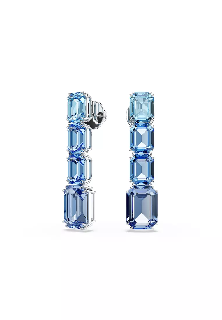 Millenia drop earrings, Octagon cut, Color gradient, Blue, Rhodium plated