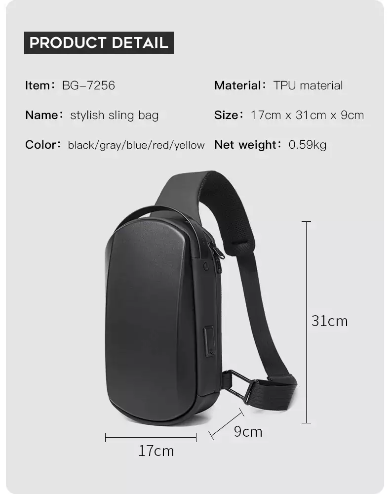 Bange BG7256 Tas Selempang Pria WaistBag Pria Sling Bag Pria USB - BLACK