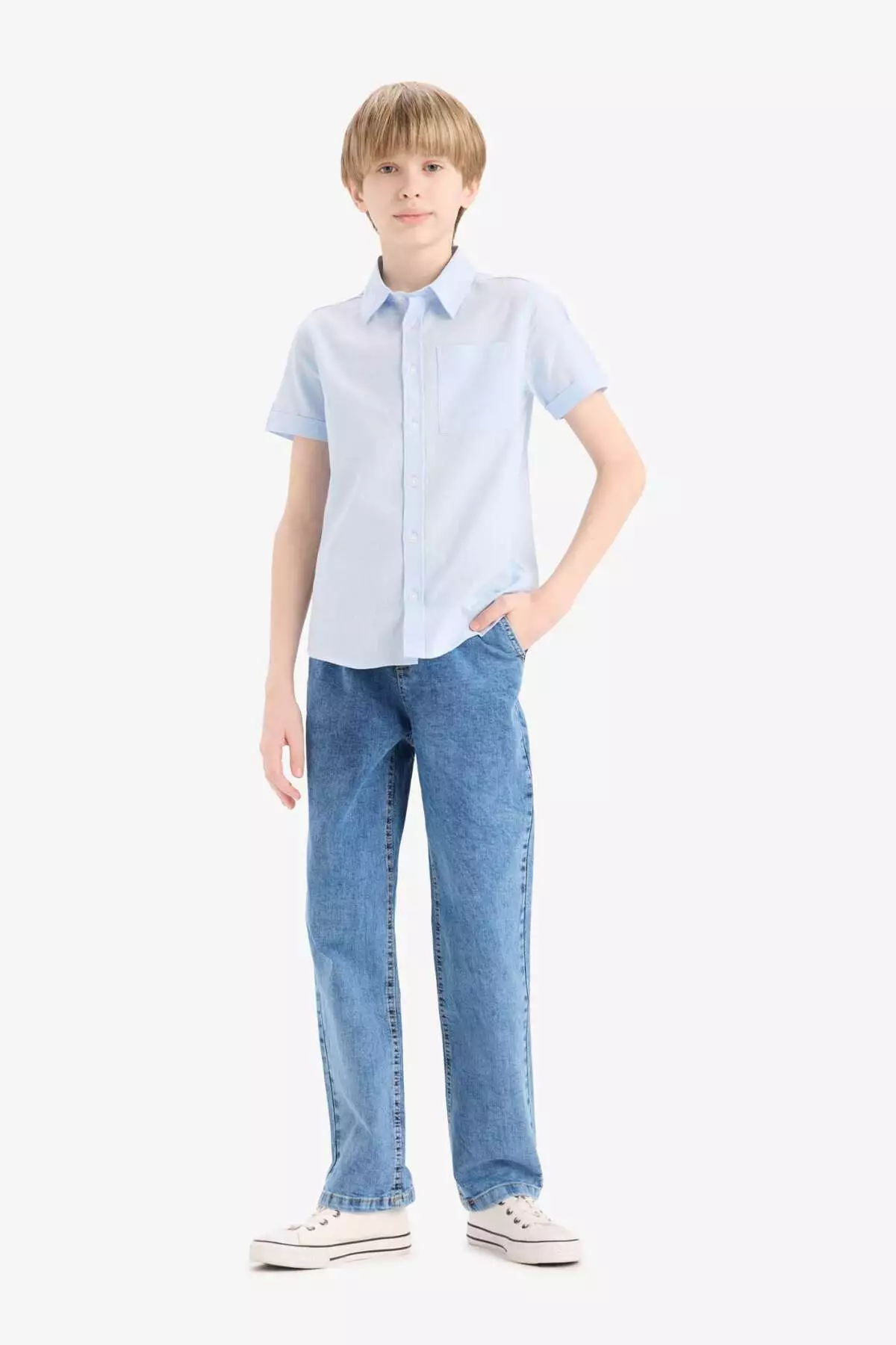 Boy's Polo Neck Linen Look Basic Plain Short Sleeve Shirt Z3204A625Sm