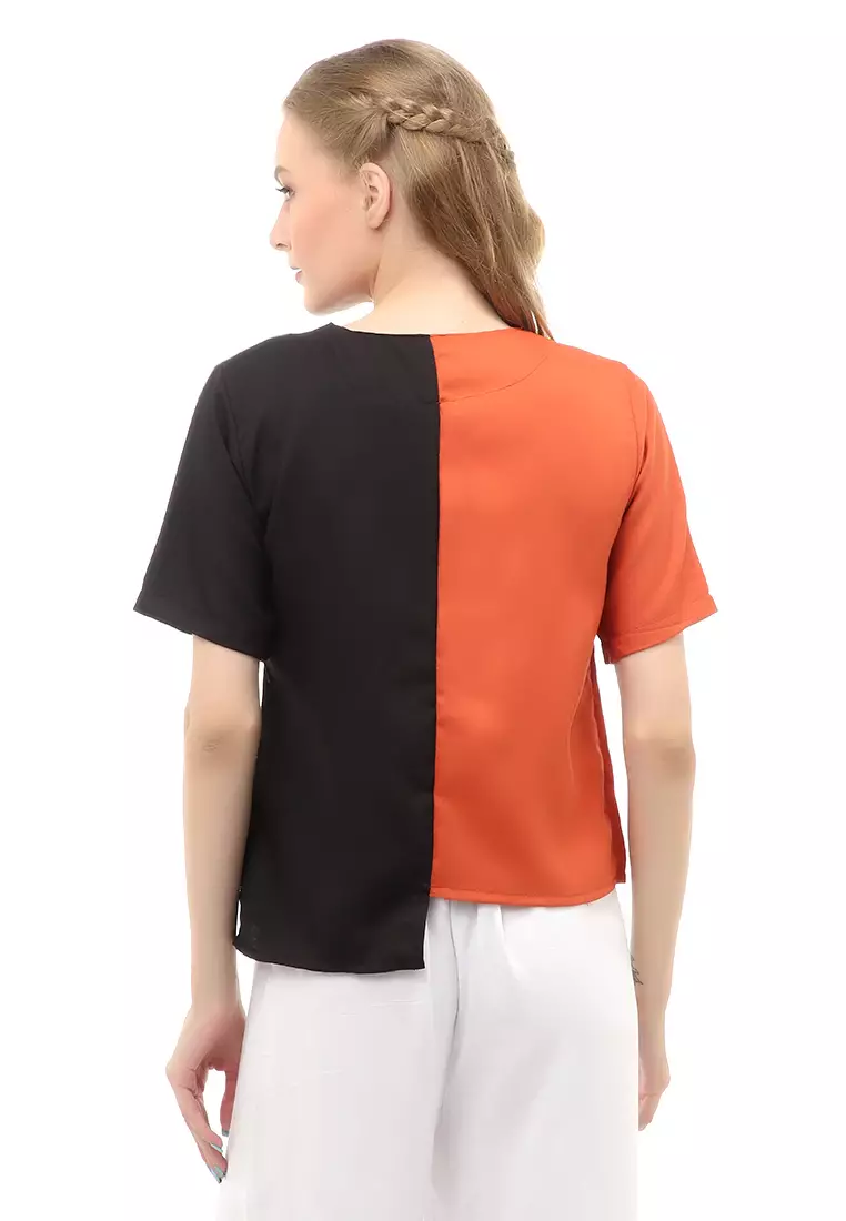 Cheva Blouse Wanita Kasual Zigzag Tali Ikat Samping Kombinasi 2 Warna Material Moscrepe ORIGINAL