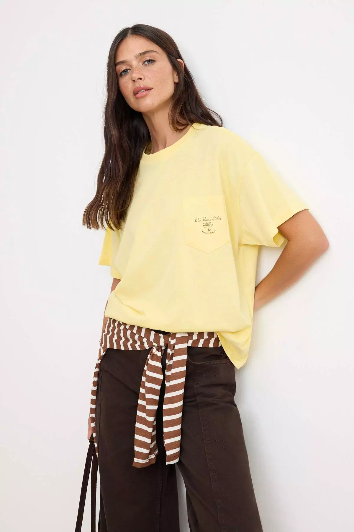 Light Yellow Plain Oversized Crew Neck Low Sleeve Short Long %1 Cotton Knitted T-Shirt Twoss26Ts29
