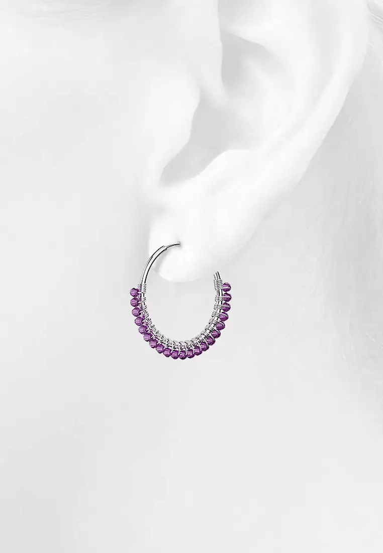 Solid 925 Sterling Silver Purple Amethyst Huggie Earrings