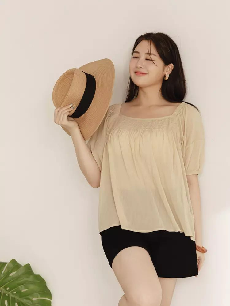 Square neck gathered puff sleeve A-line top [AB19503]