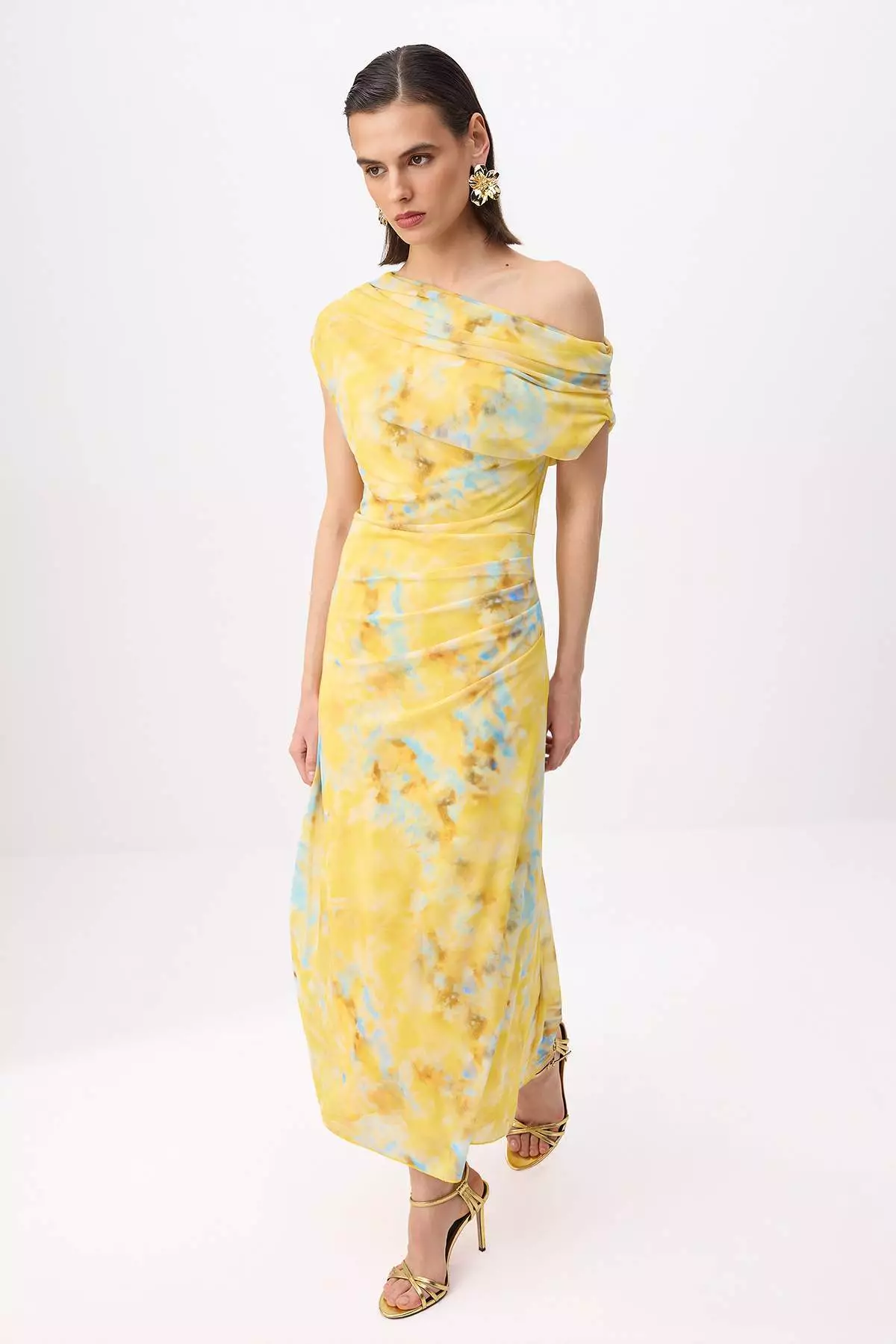 Yellow-Multicolor Floral Straight-Cut Knitted Tulle Maxi Lined Stylish/Evening Dress