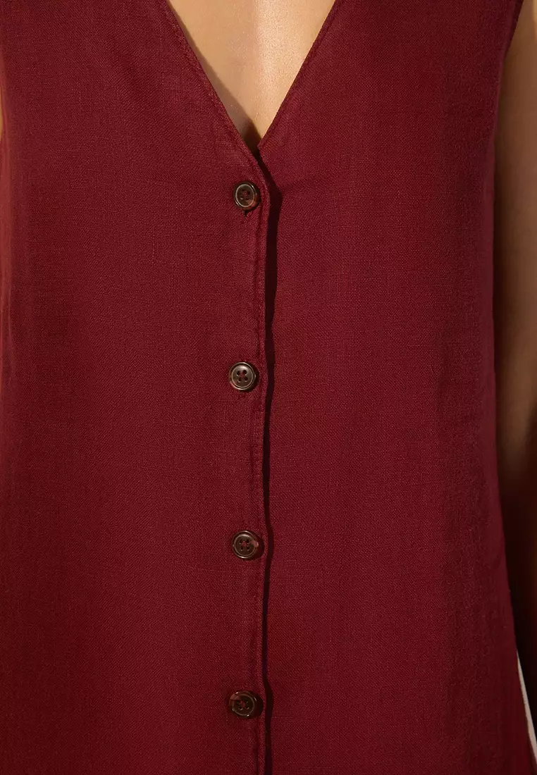 Burgundy 100% Linen Button Detail Mini Dress Twoss25El00613