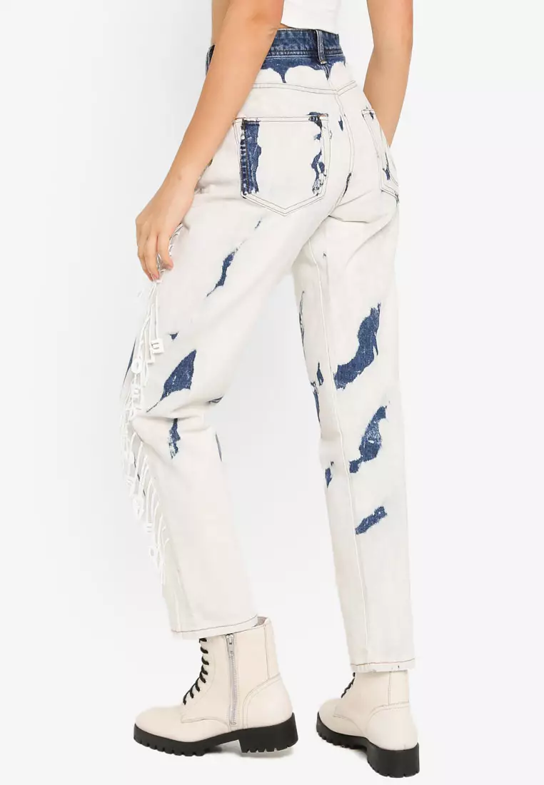 Lettering Fringe Faded Jeans