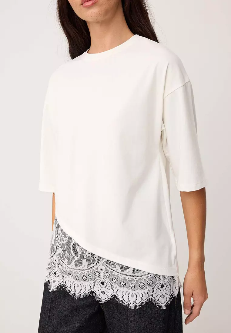 Ecru Regular/Normal Fit Lace Detailed Short Sleeve Knitted T-Shirt Twoss26Ts33