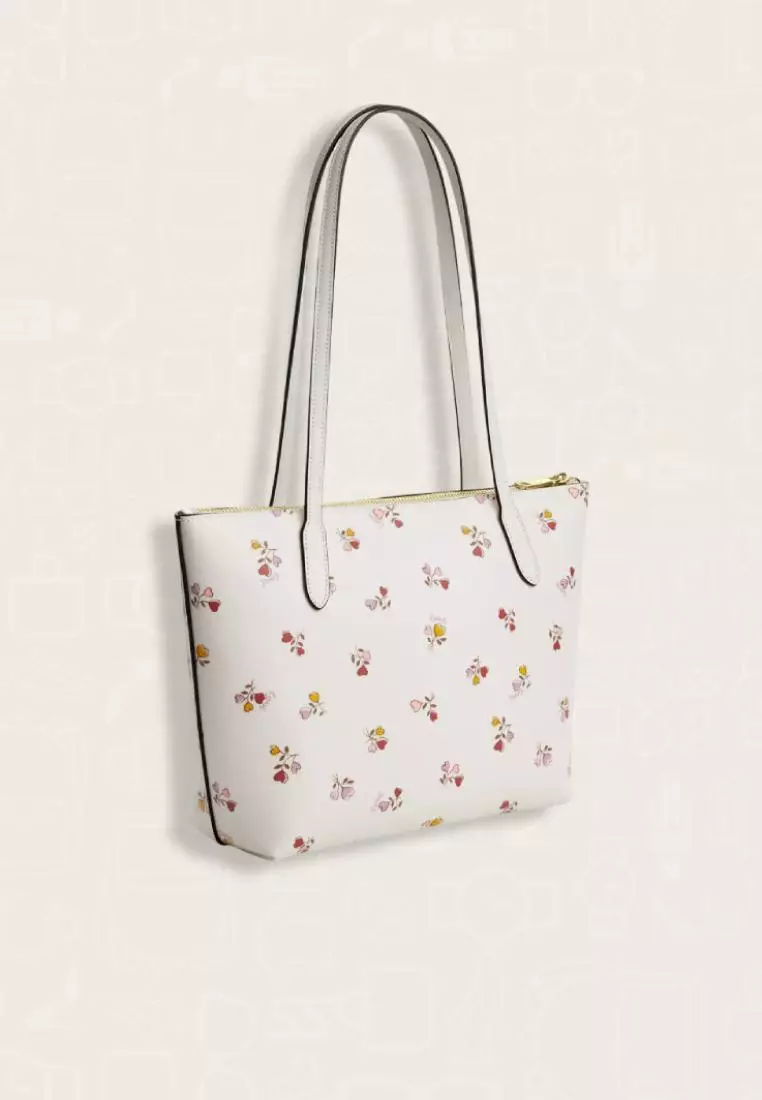 Coach Fiona Zip Tote Bag With Heart Print Chalk Multi