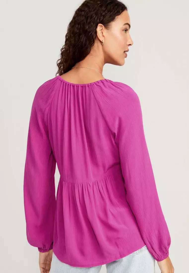Long-Sleeve V-Neck Crinkled Boho Top for Women