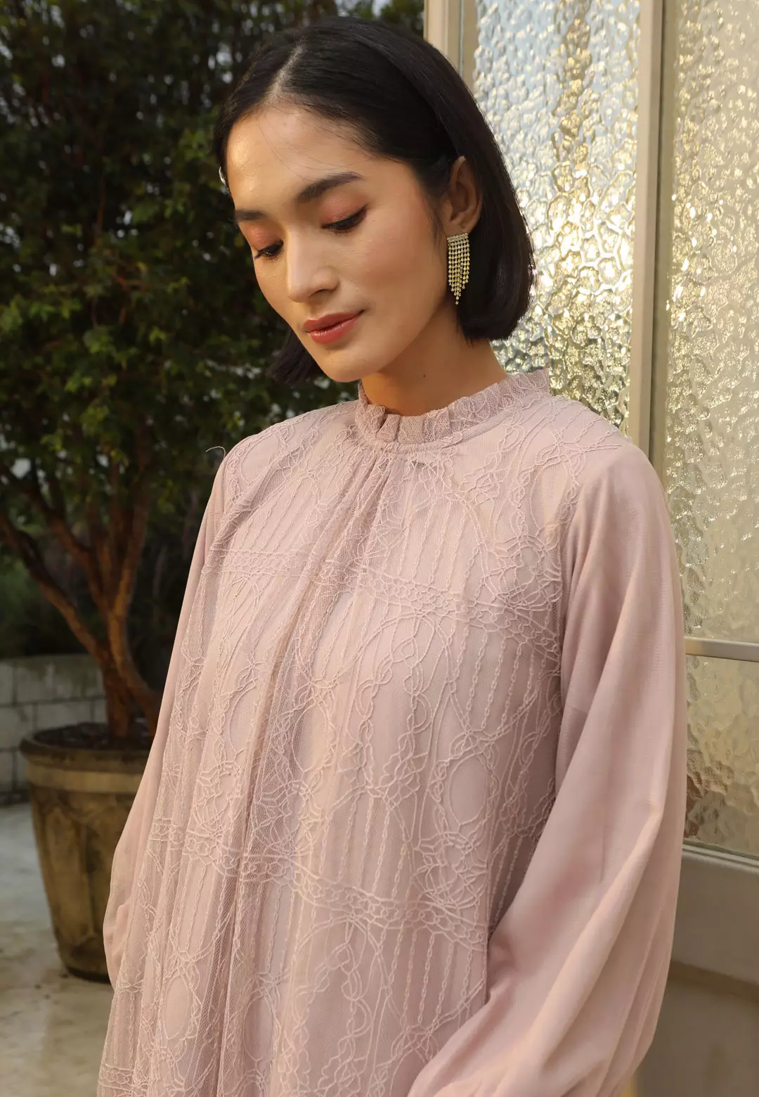 HijabChic Syahira Pink Nude Dress - Dress Brukat Tulle Elegan Best Seller