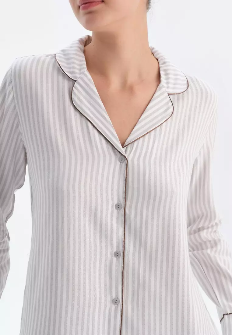 White Shirt, Striped, Regular Fit, Long Sleeve Sleepwear for Women