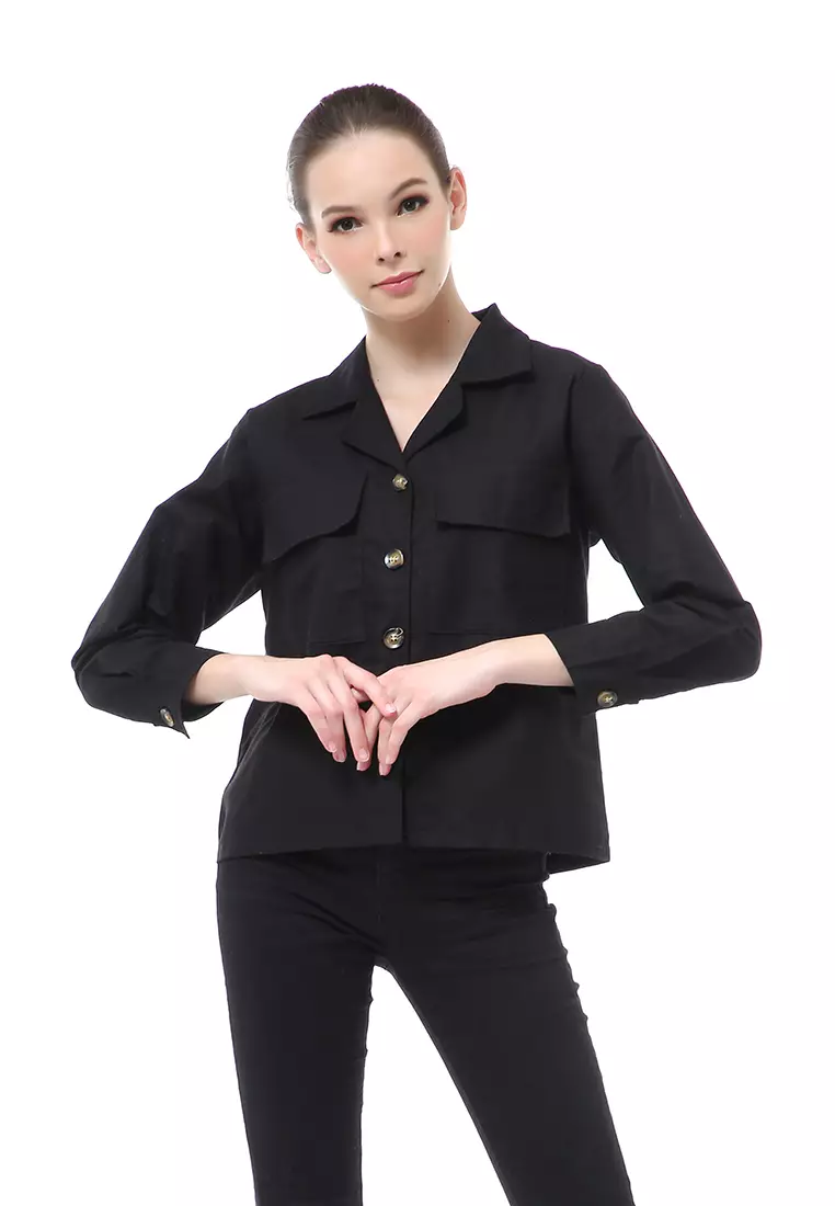 Brielle Atasan Wanita Kemeja Pocket Plain Motive Lengan Panjang Material Linen ORIGINAL - Black