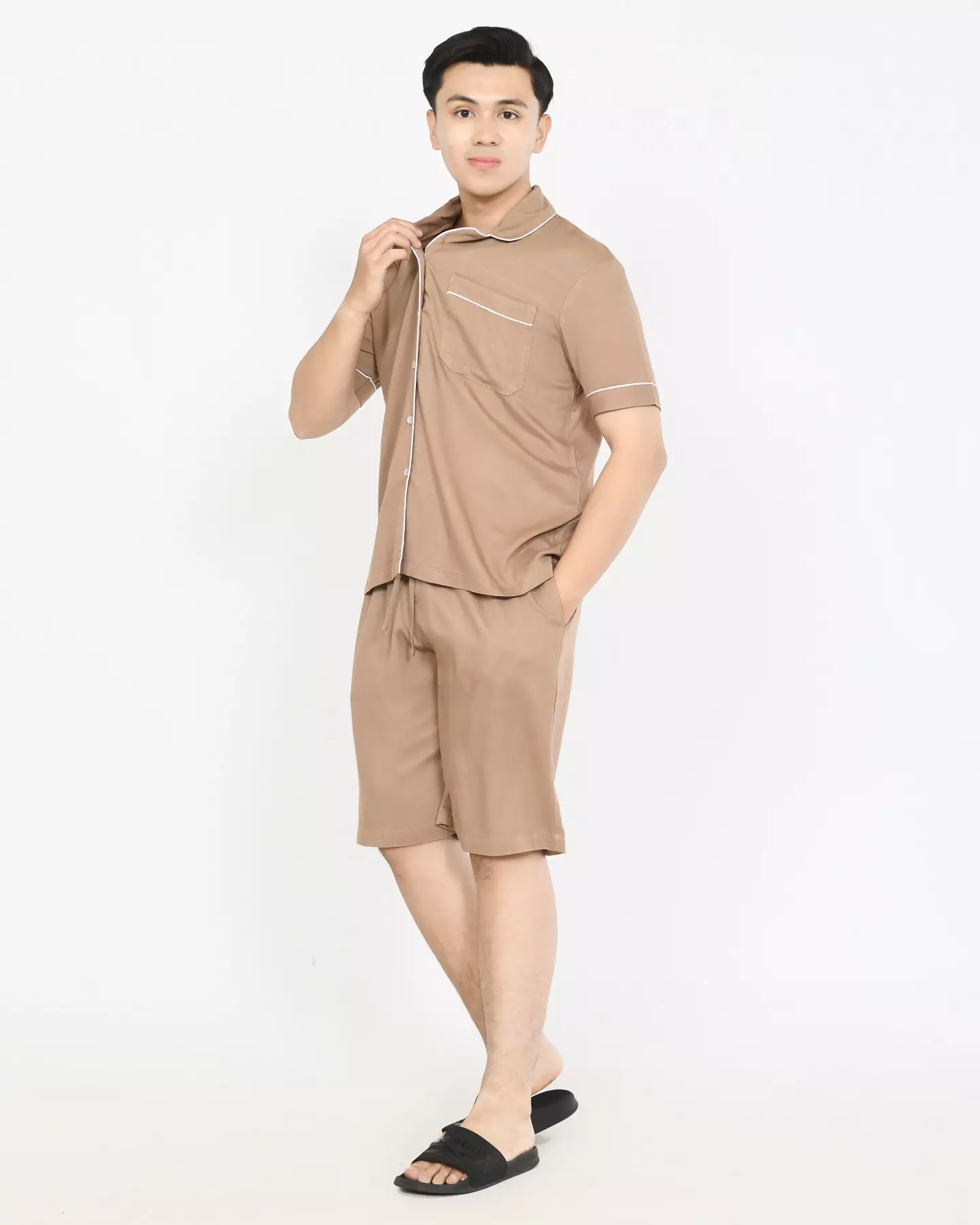 Setelan Piyama Lengan Pendek Dio [COKLAT] Baju Tidur Katun Pria Size L-XXL Polos
