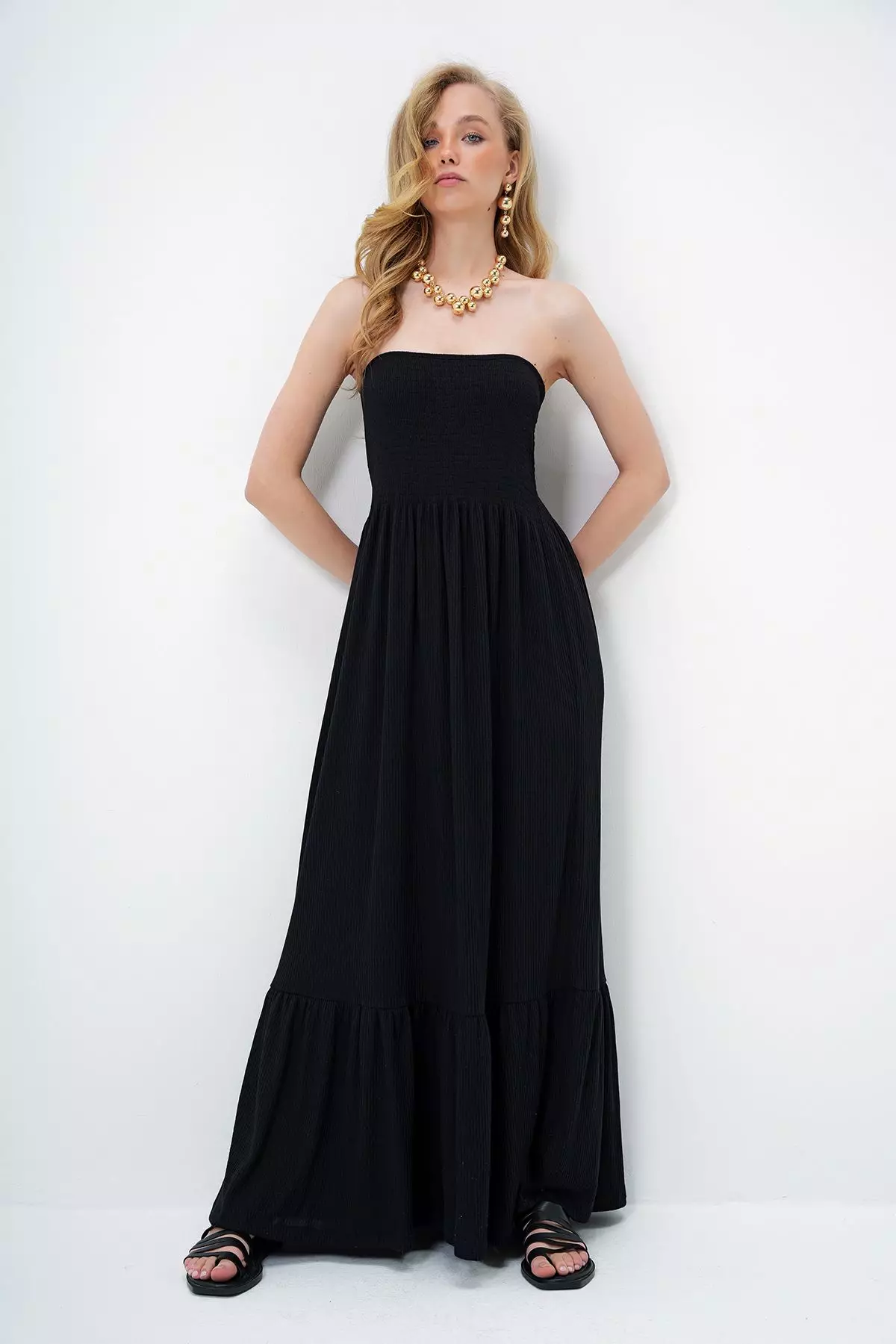 Women's Black Skirt Flounce Summer Long Strapless Dress Alc-X14127