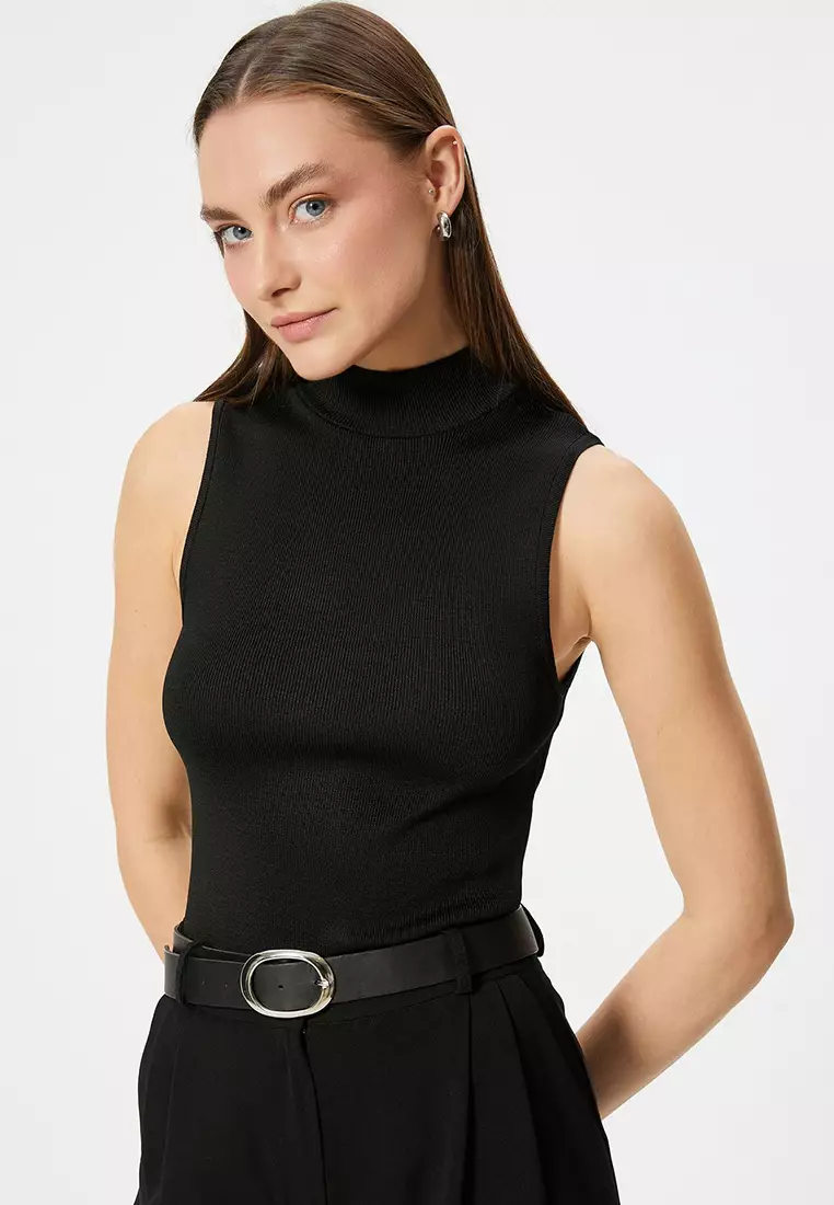 Sleeveless Mock Neck Rib Top