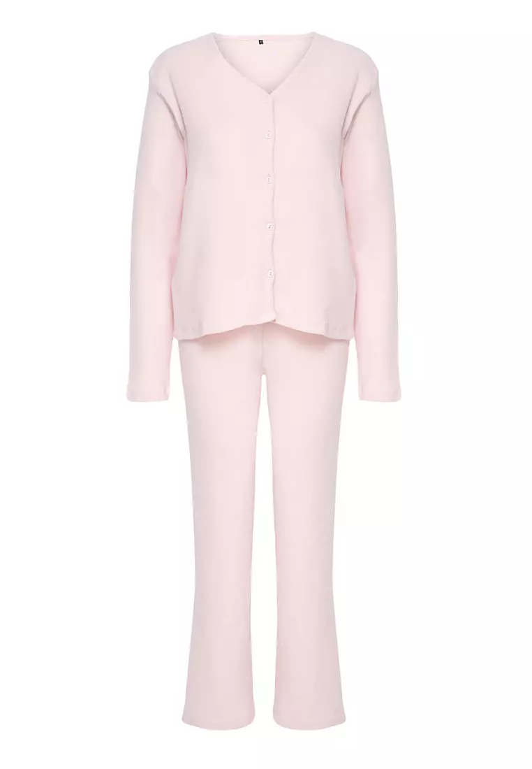 Brushed Soft Corded Cardigan Knitted Pajamas Set