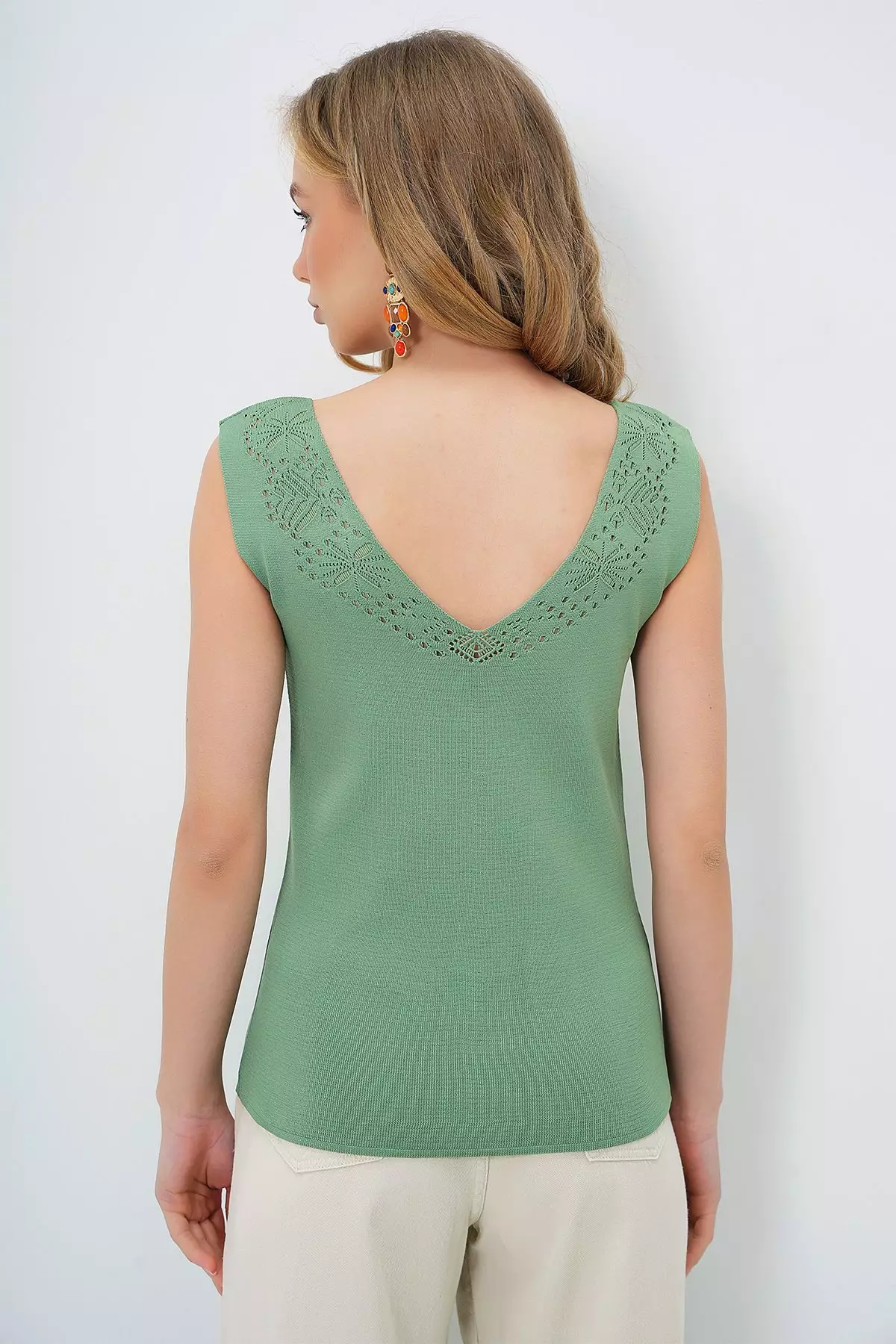 Women's Green Front Back V-Neck Openwork Summer Knitwear Blouse