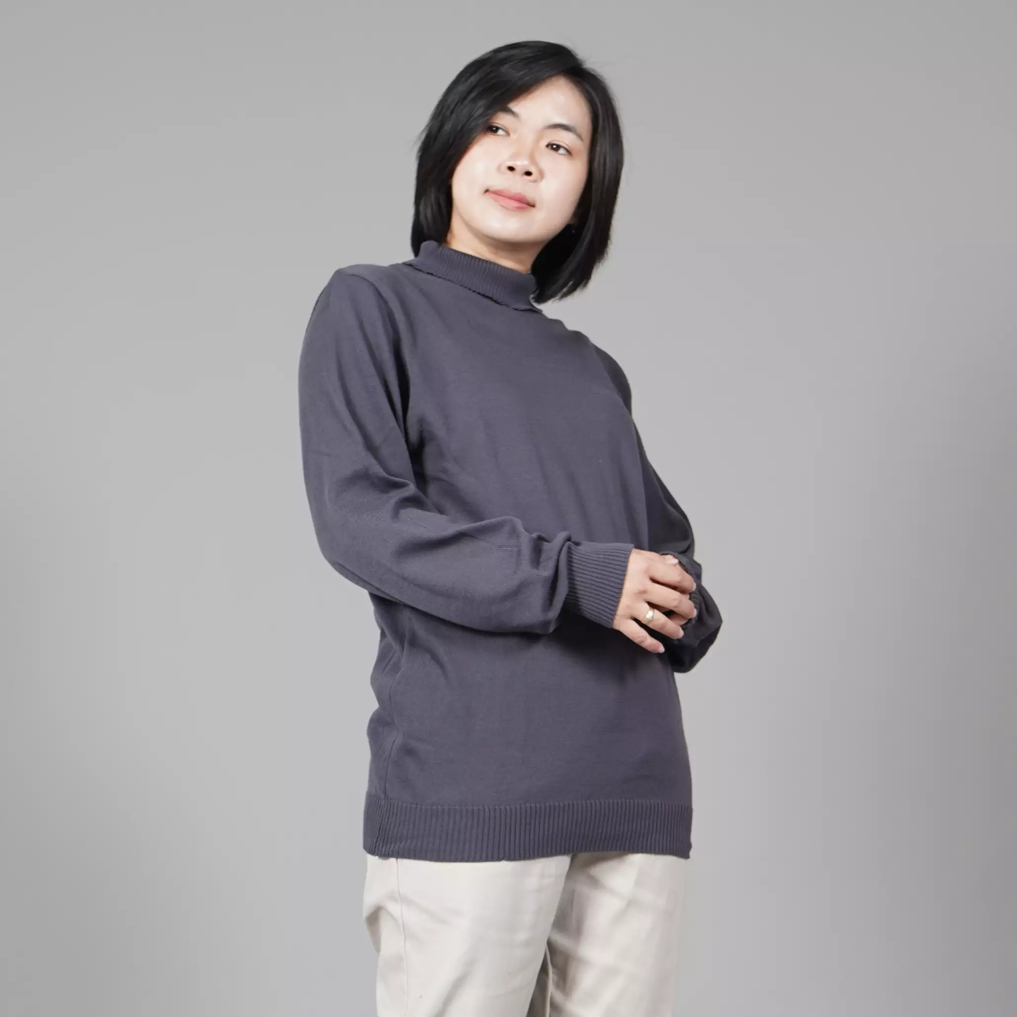  JEHOON High Neck Knit Outer Wanita Knit Turtle Neck Wanita Sweater Rajut - ABU TUA