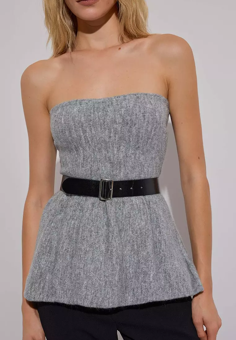 Limited Edition Gray Soft Texture Belted Flounce Knit Blouse