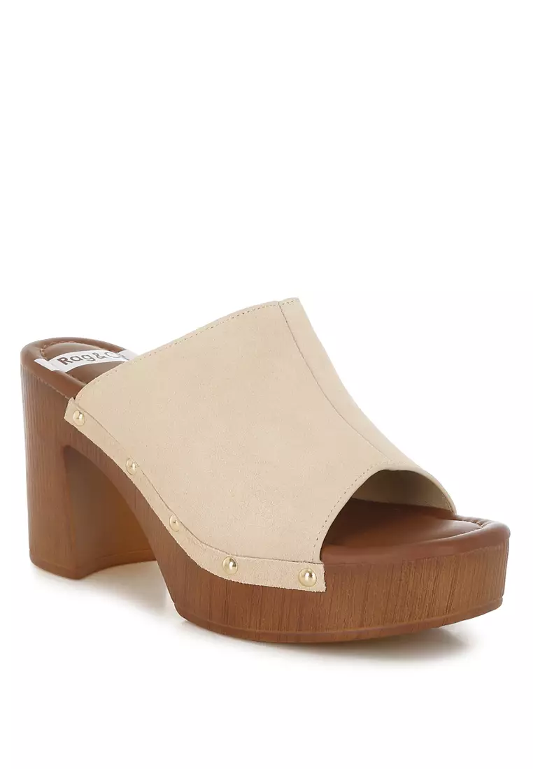 Bakiak Kayu Kulit Suede Lembut Warna Beige
