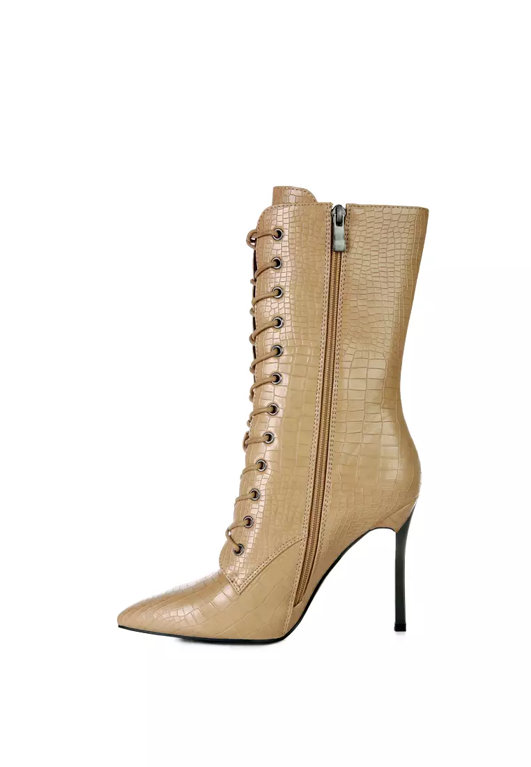 Croc Textured Over The Ankle Boots in Beige