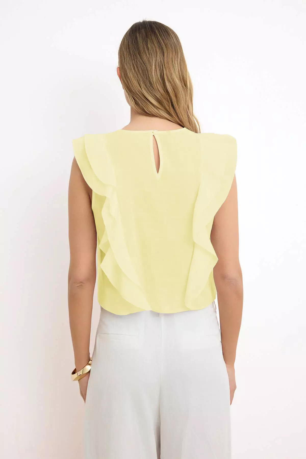 Yellow Ruffle Detailed Crop Length Semi-Sheer Woven Blouse Twoss26Bz43