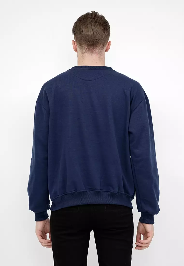 sweater basic lengan panjang baju sweater tebal biru dongker