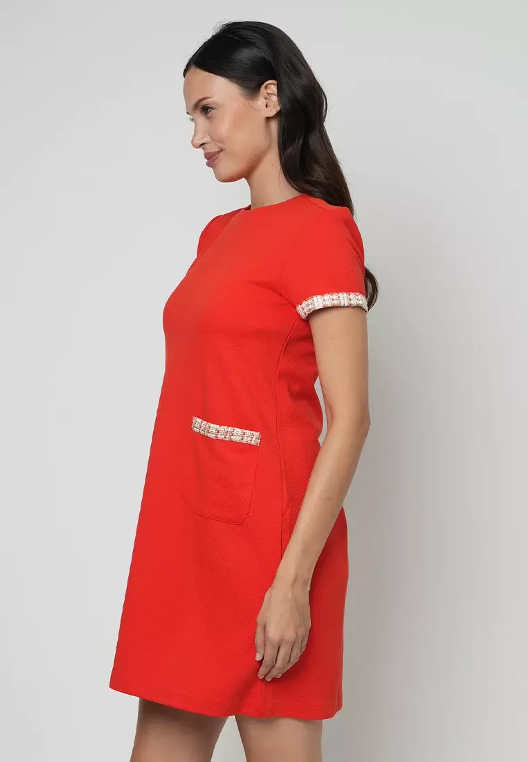 Telly Shift Dress with Contrast Print Pocket Lip and Sleeve