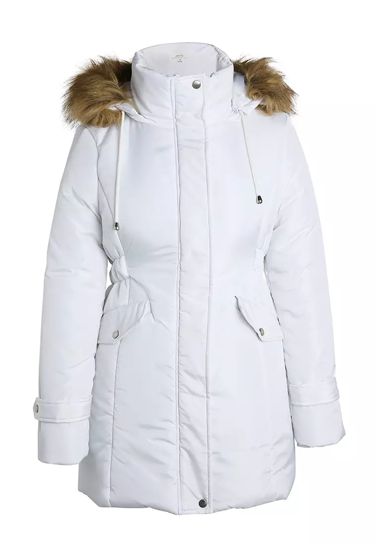Faux Fur Collar Long Puffer Jacket in White
