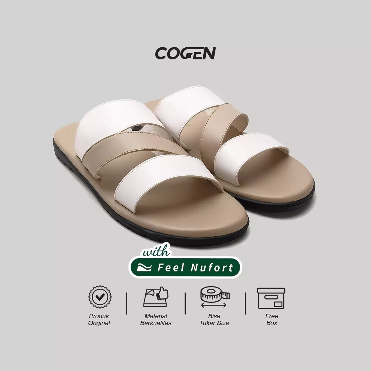 Cogen Sendal Pria Sandal Kulit Nyaman - Feel Nufort - Cello Creme White
