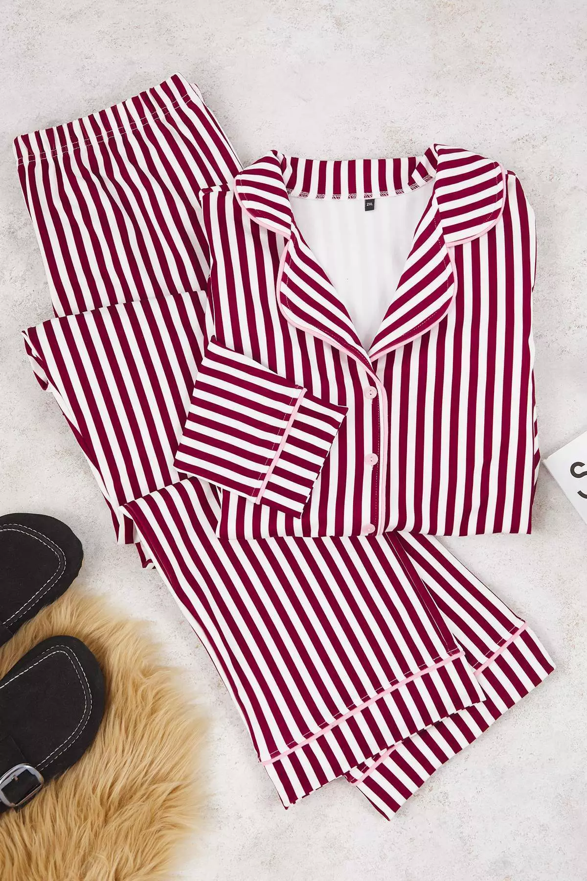Burgundy Striped Patterned Piping Inside Polar Fleece Shirt-Pants Knitted Pajama Set Tbbaw25Ai00028