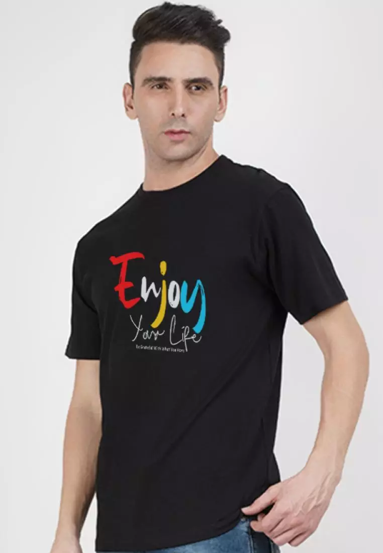 Enjoy Life Black Cotton Short Sleeve Crew Neck Regular Fit T-Shirt