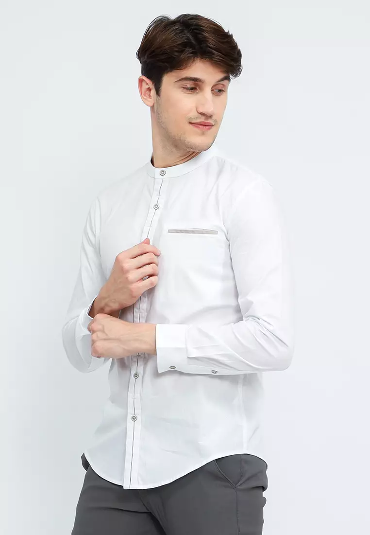OXCON Kemeja Collarless long sleeve Dual Style Button White