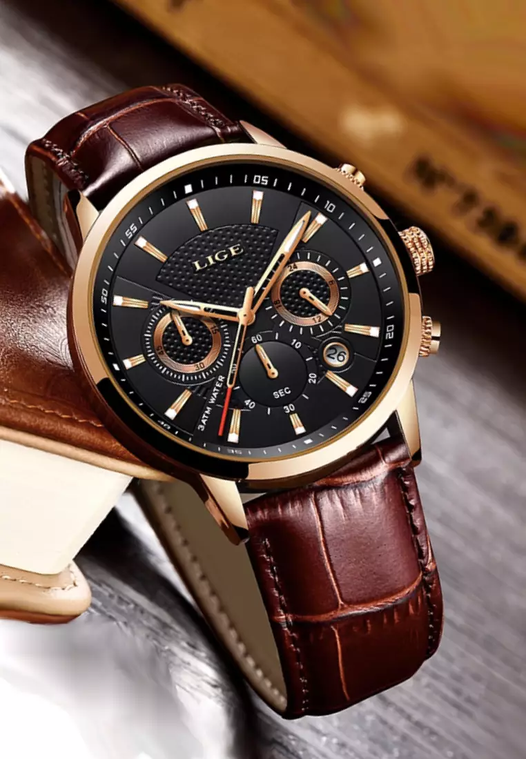 Chronograph Unisex Gold color finished Stainless Steel Quartz Watch 43mm, black dial, on Brown Leather Strap