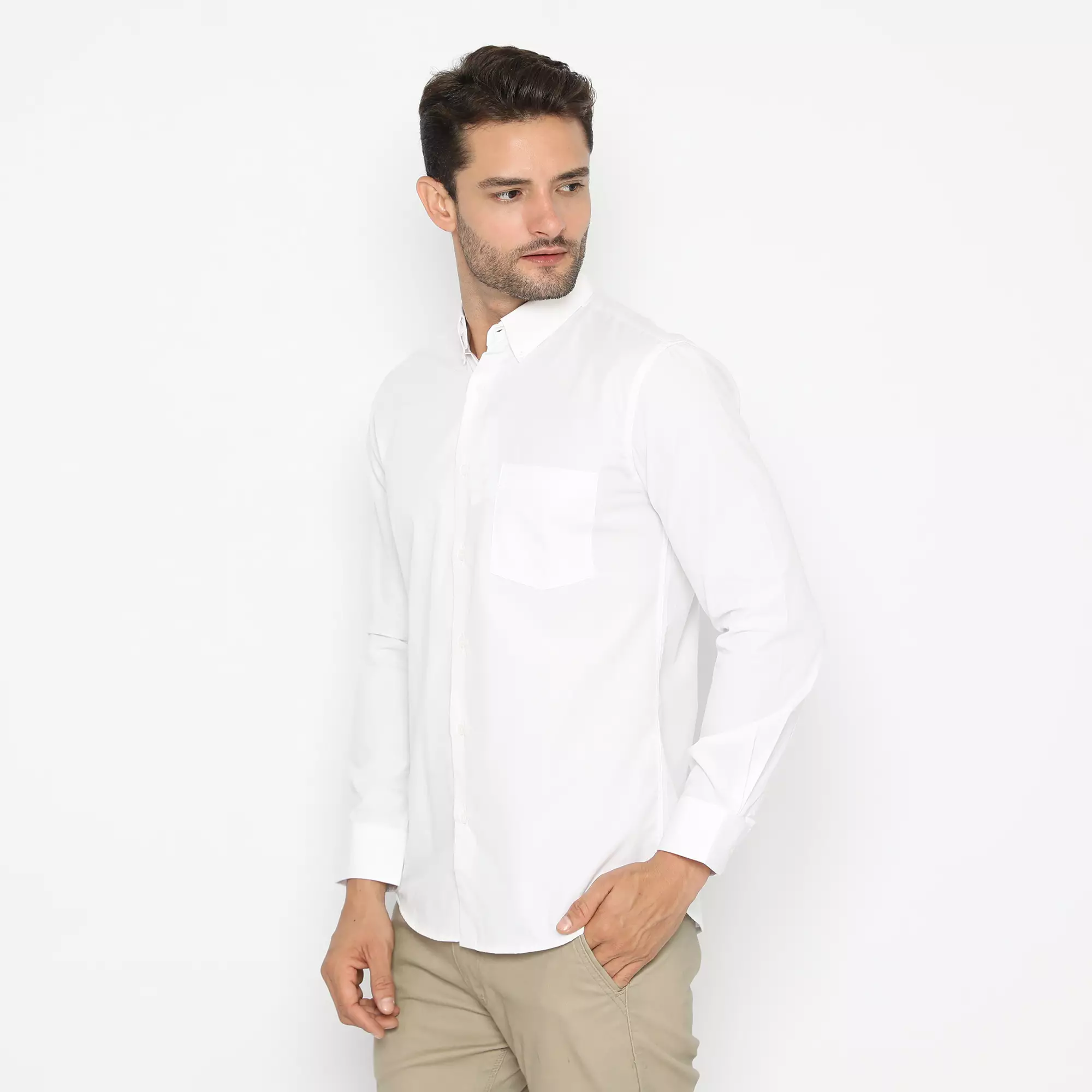 Platini Baju Kemeja Polos Basic Pria Panjang Katun CVC Putih 66171