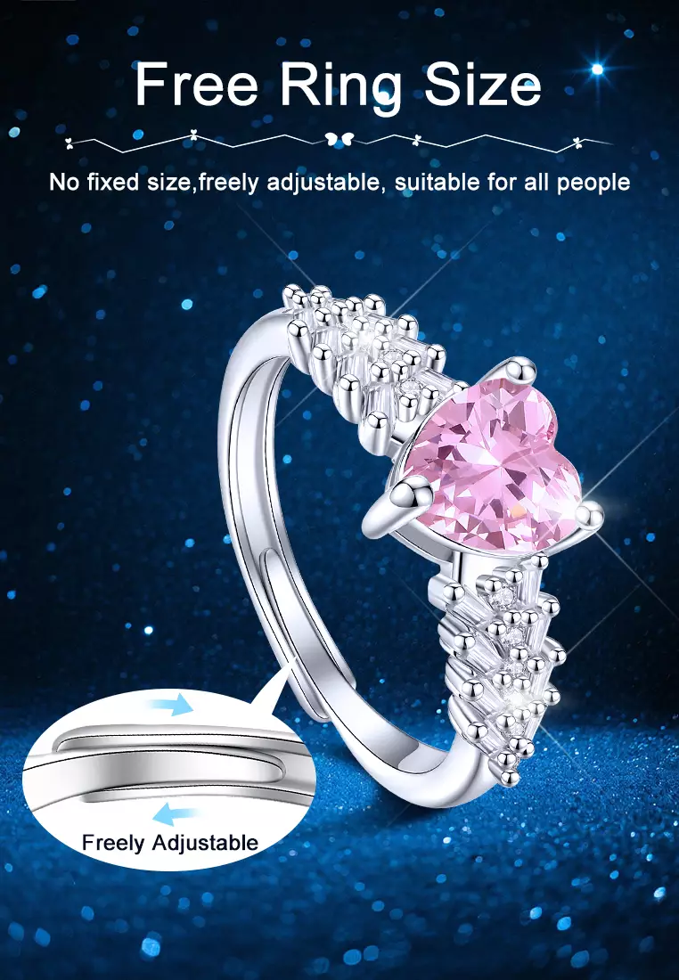 Cincin Wanita Korea Pink Zircon Berlian Berlapis Platinum Anti Pudar Ukuran Bebas Tunangan Cincin Couple