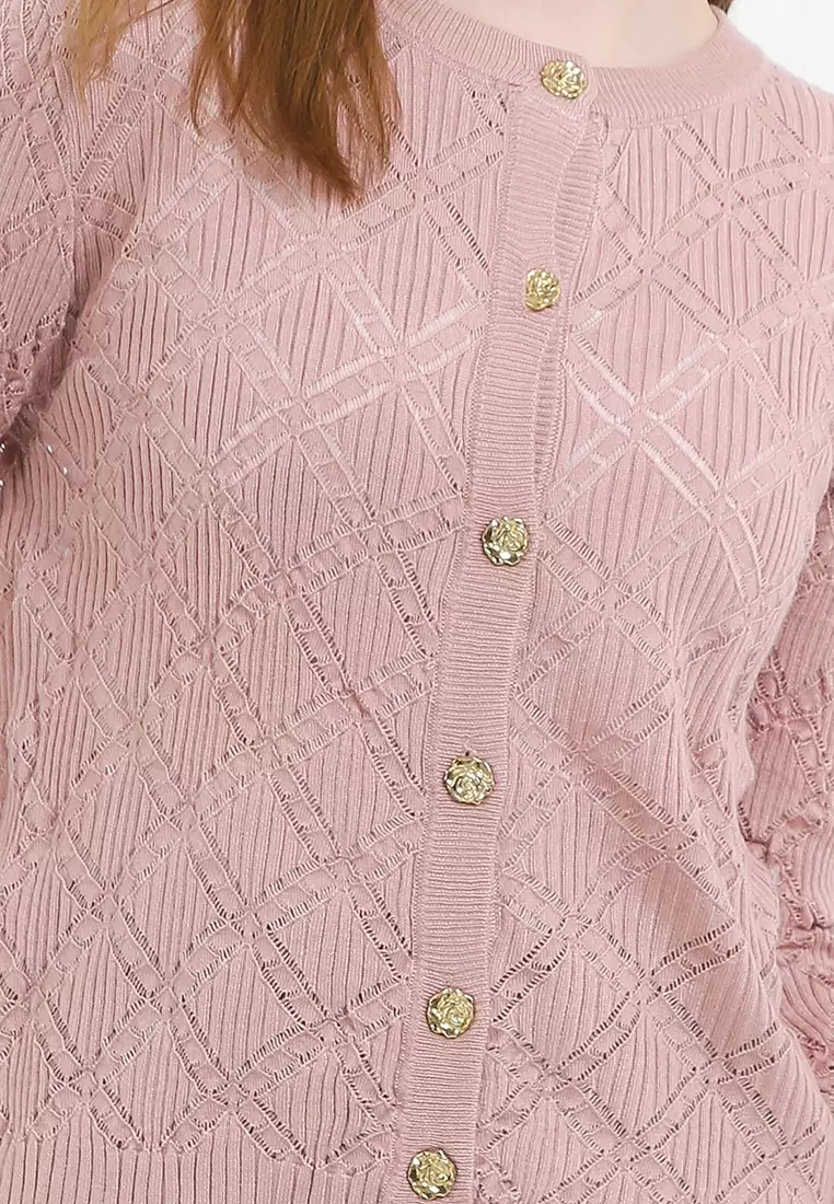 L/S Diamond Pattern Knit Cardigan W/ Rose Buttons
