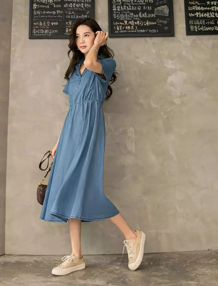 Denim Waist-tie Flared Hem Dress [DA8483]