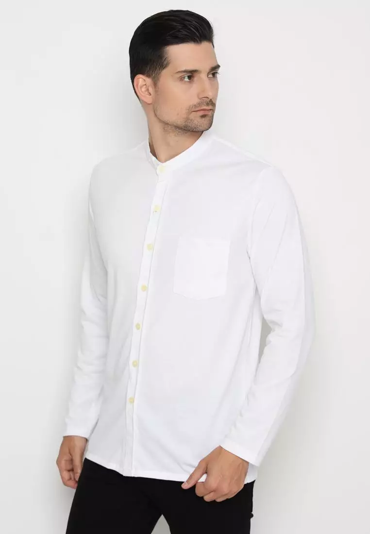 MATSUDA Kemeja Pria Polos Kerah Shanghai Lengan Panjang Katun Koshigaya