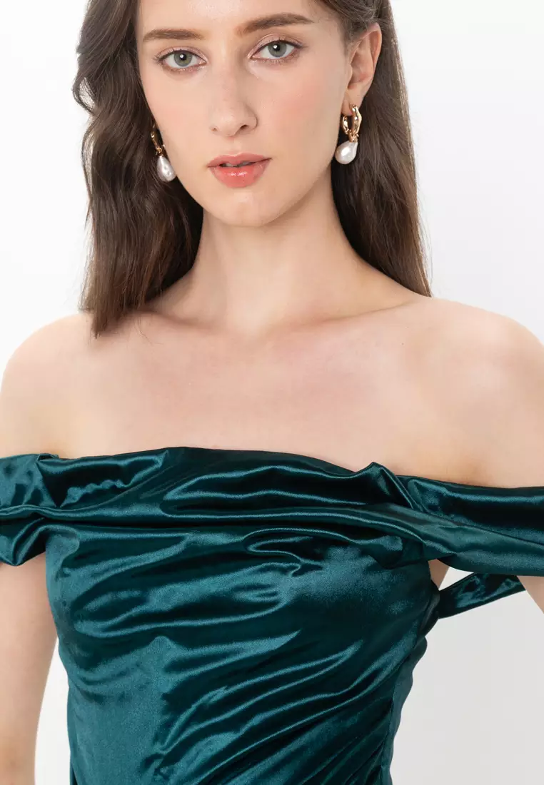 Off Shoulder Bardot Boned Tuck Midi Dress